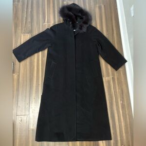 Vintage Lambswool Fox Fur Trim Hood Long Black Overcoat Warm Winter Full Length